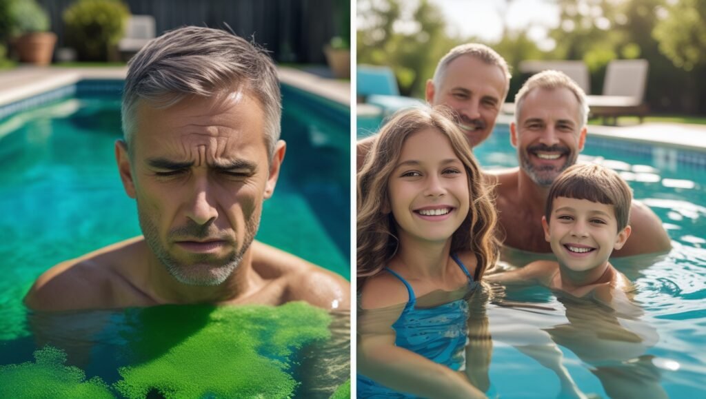 Contraste Émotionnel Homme Stressé face à une Piscine Verte vs. Famille Heureuse dans une Eau Cristalline TAC Piscine