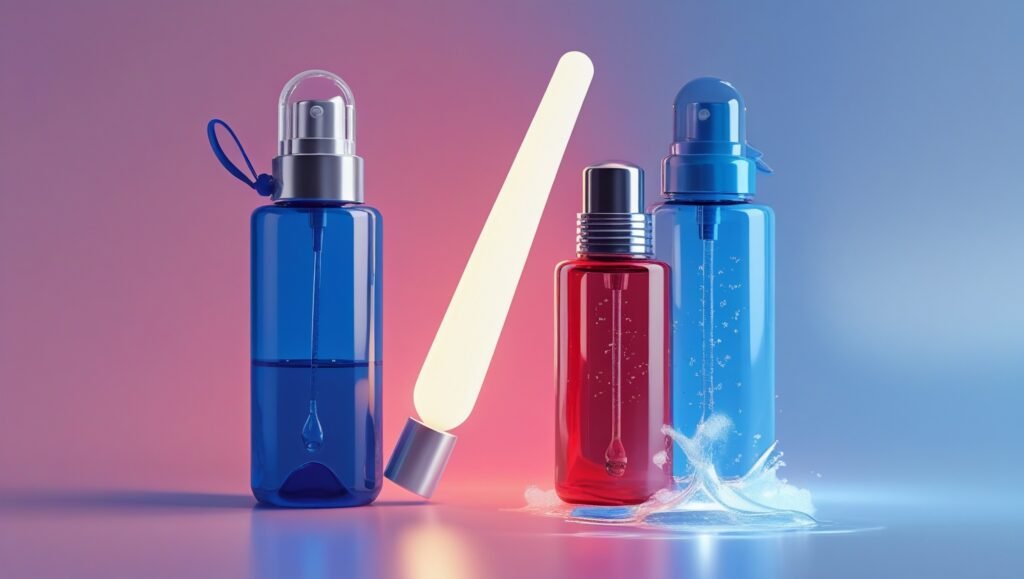 Duo Contrasté de Chlore Bouclier UV vs. Éclair d’Efficacité – Flacons Épurés, Couleurs Vibrantes