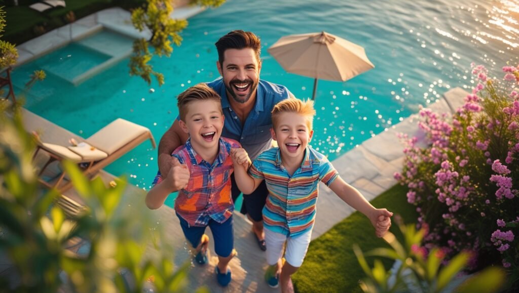 Famille célébrant près d'une piscine immaculée au printemps vue drone, lumière de l’heure dorée