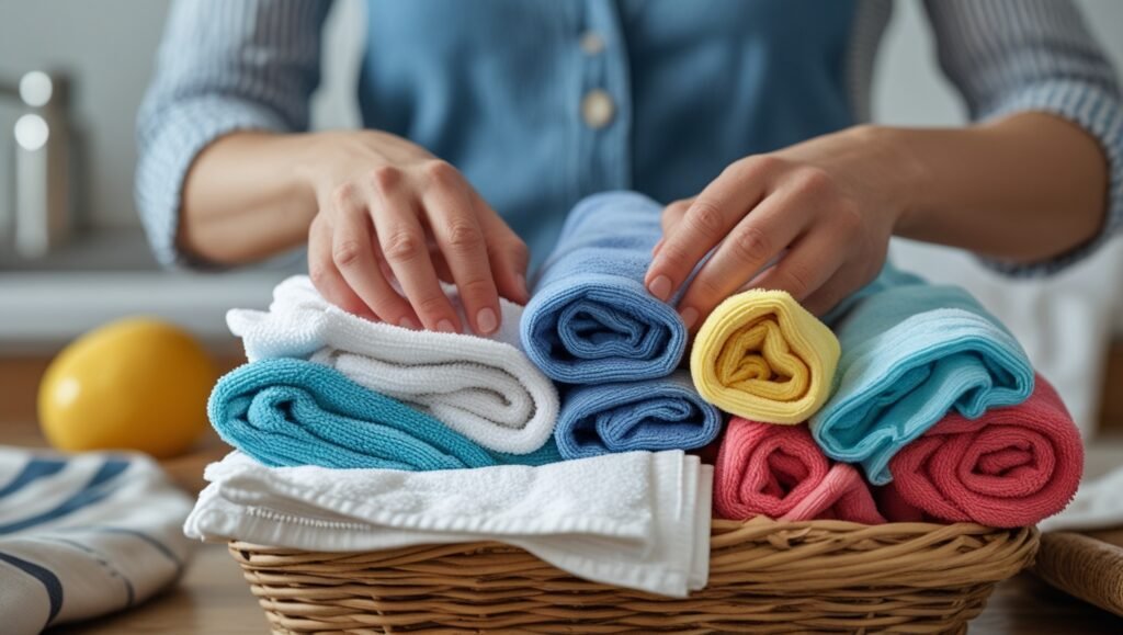 Gros plan sur des mains triant des lavettes par couleur
