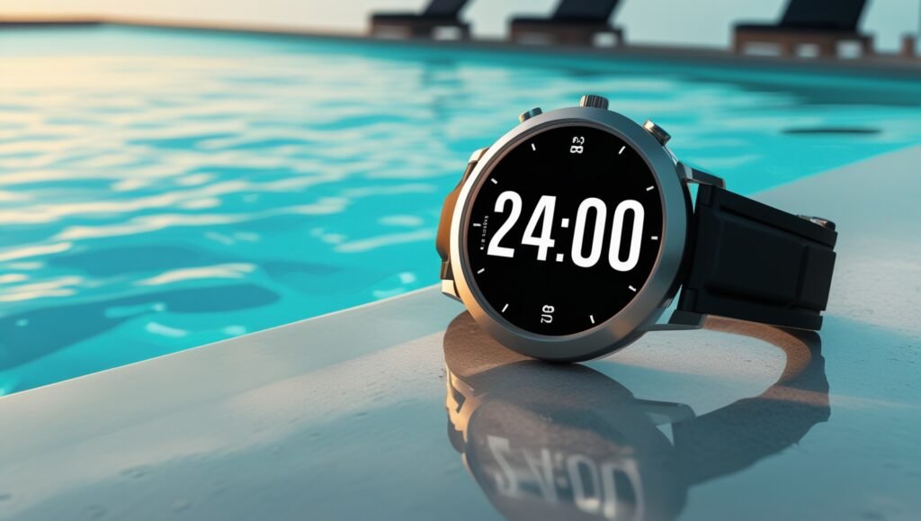 Montre-bracelet numérique affichant 2400, posé sur le bord d’une piscine étincelante.