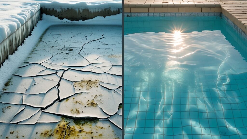 Mur fissuré avec glace vs piscine intacte après hivernage réussi contraste frappant
