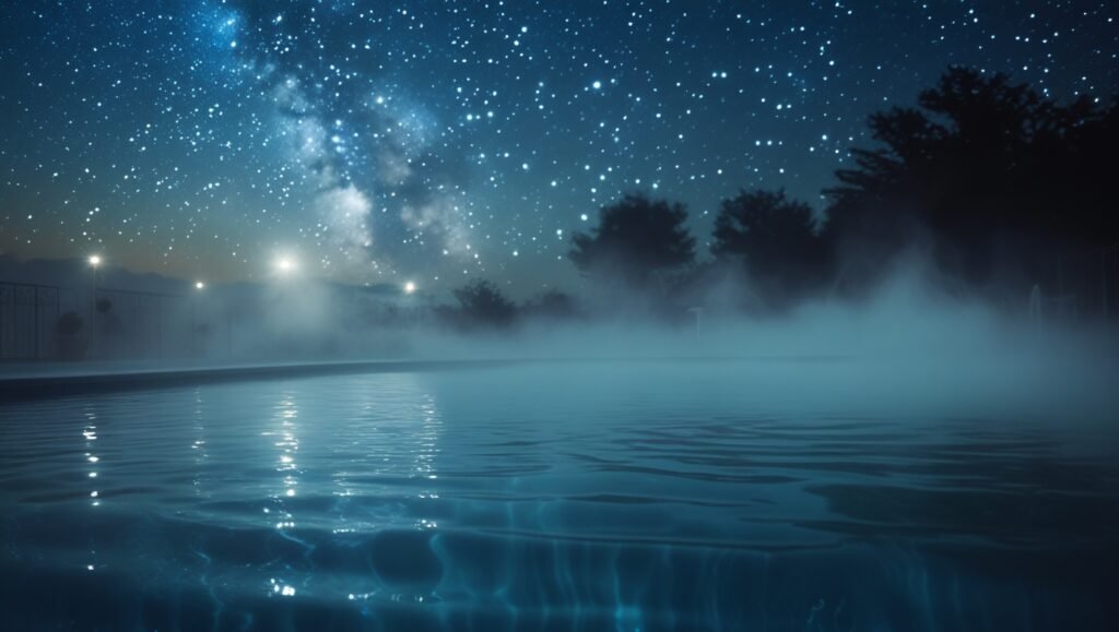 Piscine sous les étoiles avec filtre en marche, brume montante pose longue, ambiance éthérée