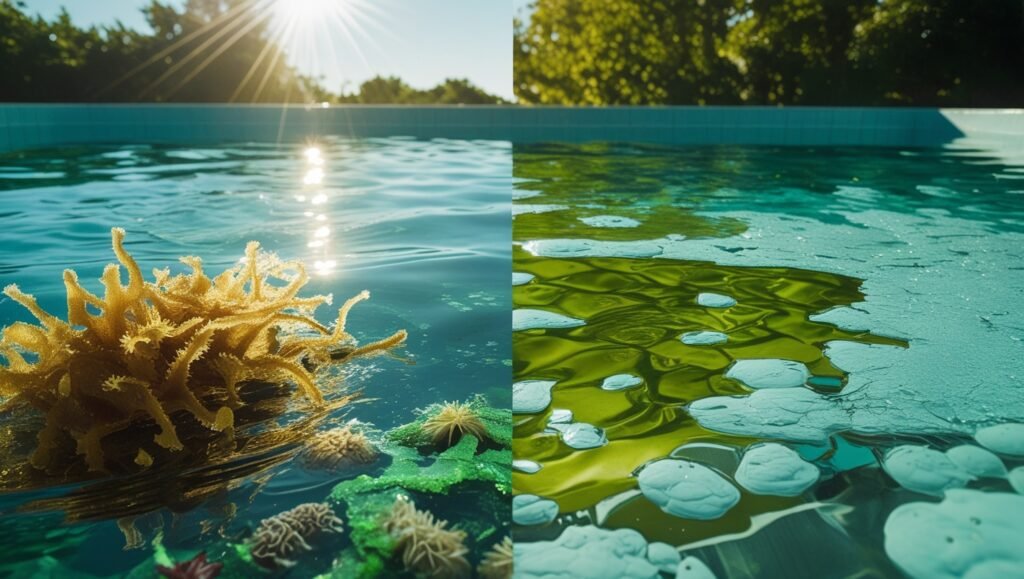 Piscines en Contraste Éclat Solaire vs. Eau Verdâtre – Algues et Reflets Silencieux