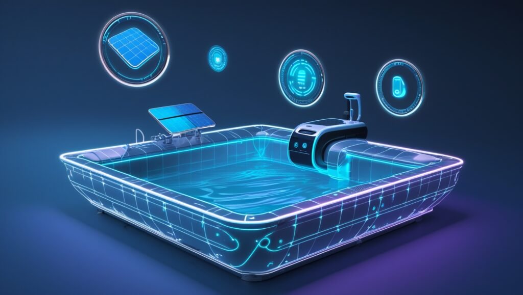Vision Futuriste Plan 3D TAC Piscine avec Hologrammes Technologiques - Énergie Solaire, Nettoyage Automatisé, Interface Numérique