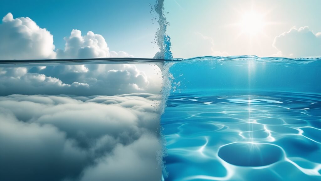 eau trouble vs eau cristalline, couleurs saturées et contraste élevé