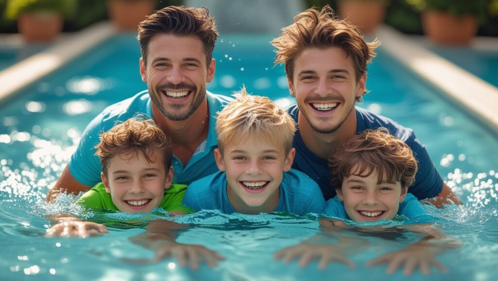 famille souriante en train de plonger dans une piscine propre. Couleurs chaudes, effet bonheur familial.