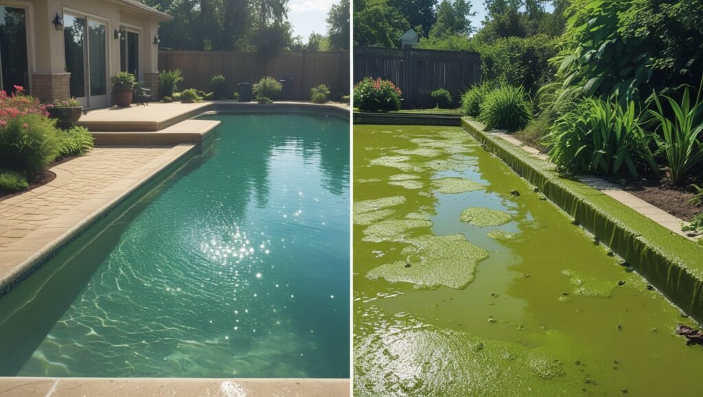 piscine avec couverture perméable (propre) vs non-perméable (algues vertes)