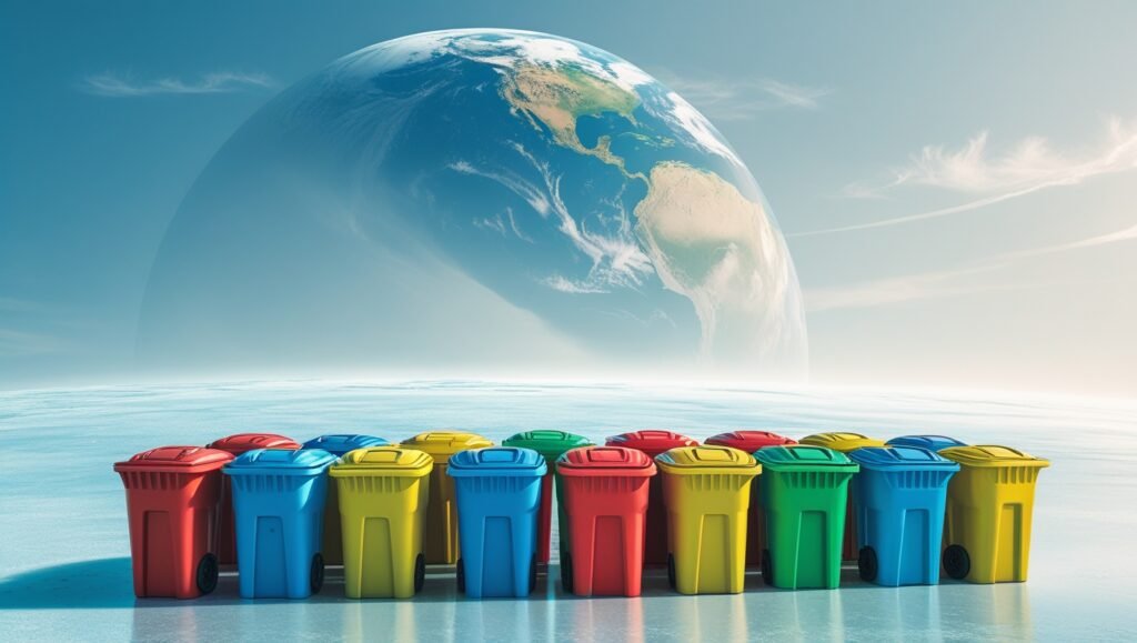 planeta Tierra limpio con botes de basura de colores al frente.