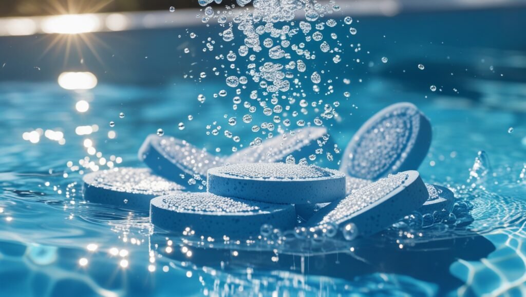 Comprimés d'oxygène actif plongeant dans l'eau de la piscine, formation de bulles. Tons bleu vif