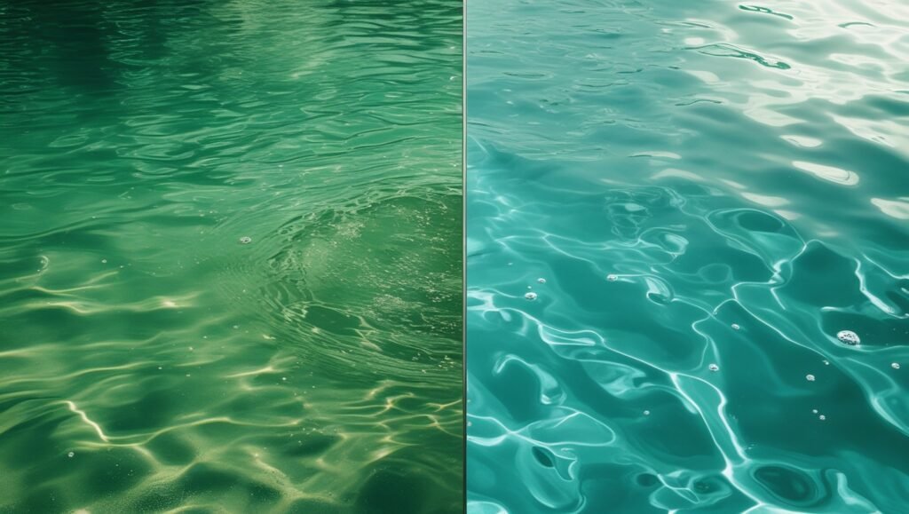 Écran divisé à gauche, eau de piscine verte ; à droite, eau claire. Sans texte, contraste élevé