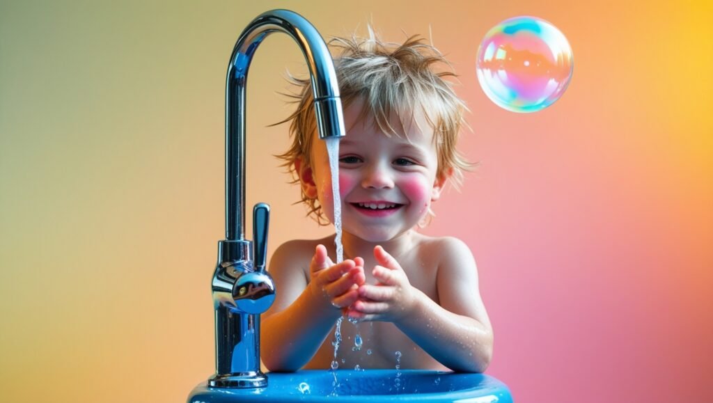 Enfant joyeux sur tabouret bleu, mains sous l’eau, une bulle de savon flotte dans un décor coloré