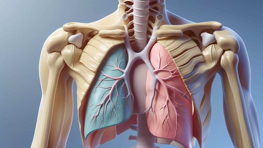 Illustration médicale 3D de l'omoplate gauche, des côtes et des poumons. Éclairage tamisé, légendes en français pour une meilleure clarté anatomique