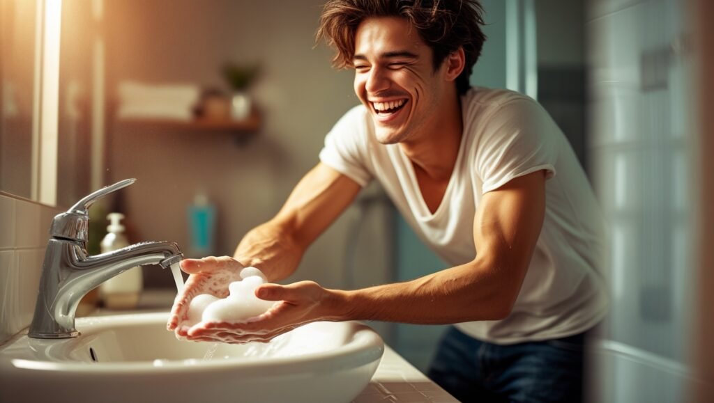 Jeune homme souriante se lave les mains dans une salle d’eau lumineuse au décor flou et soigné
