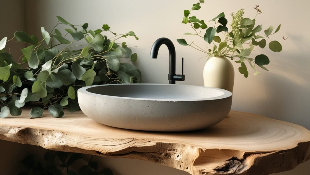 Lavabo ovale en béton gris avec étagère en bois, plantes vertes et lumière dorée