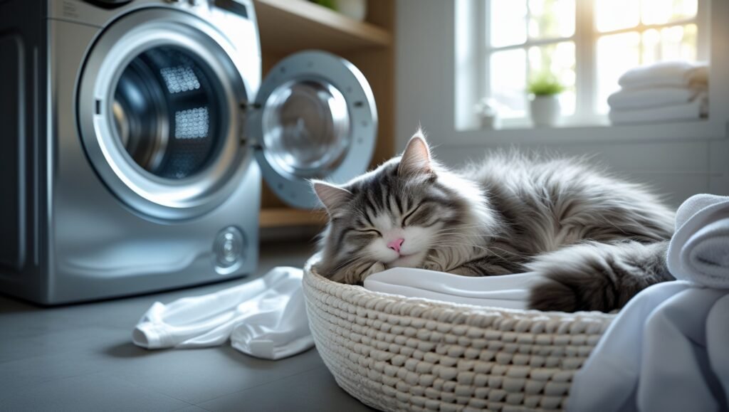 Lave-linge moderne en marche dans une ambiance de maison paisible – chat endormi à proximité