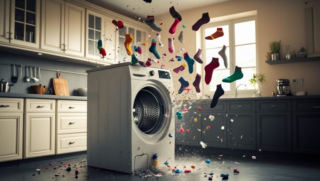 Machine à laver secouée violemment, chaussettes projetées hors du tambour. Flou de mouvement dramatique, cuisine en arrière-plan