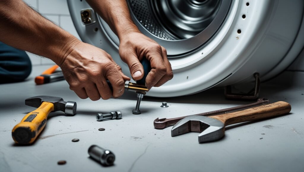 Mains serrant des vis sur un amortisseur de machine à laver avec une trousse à outils basique. Focus sur l’action, visage non visible