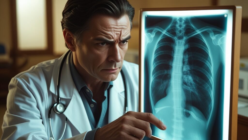 Médecin analysant une radiographie pulmonaire, l'air inquiet. Cabinet médical, lumière chaude.