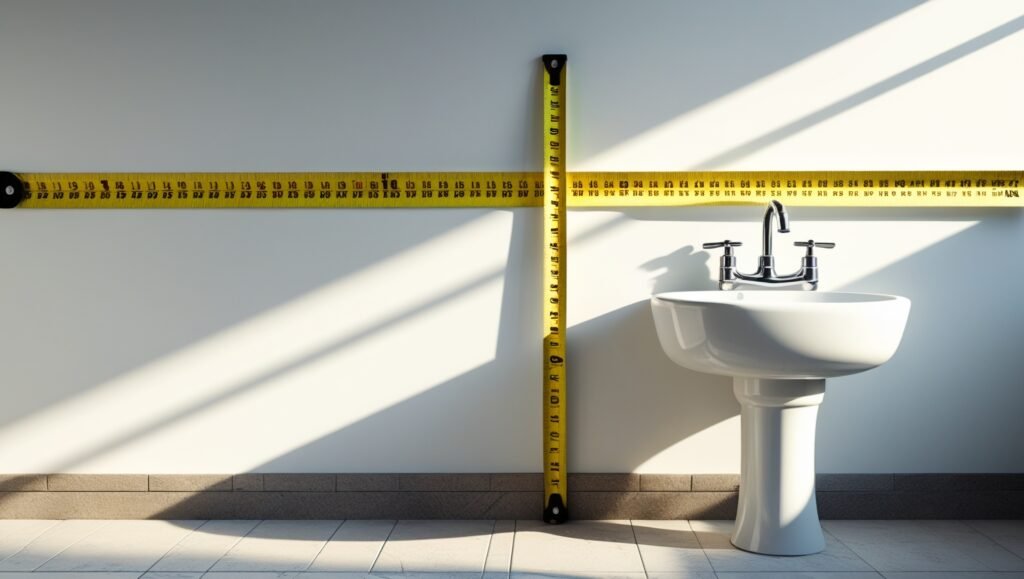 Mètre ruban jaune mesurant un lavabo classique, sur fond blanc avec ombre douce et épurée