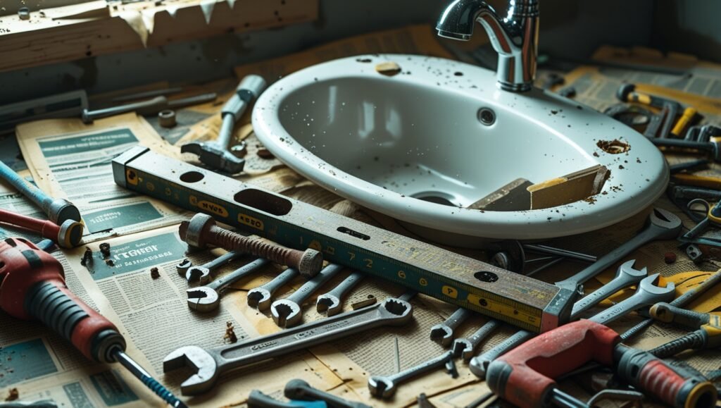 Outils épars sur journal, lavabo blanc en attente scène de chantier réaliste et légèrement brouillonne