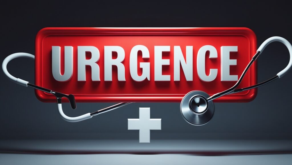 Panneau d'avertissement rouge avec « Urgence » en gras, stéthoscope et croix médicale. Fond sombre, ambiance d'urgence.