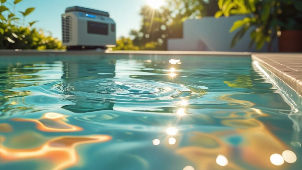 Piscine d'eau salée cristalline au soleil, avec un chlorinateur visible en arrière-plan
