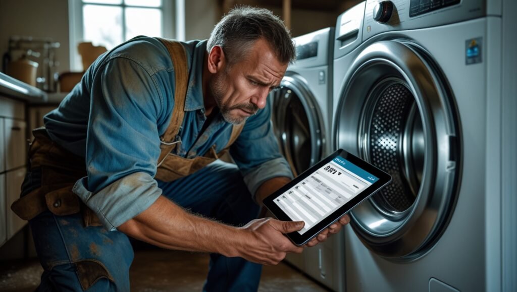 Réparateur inspectant un lave-linge avec une tablette affichant une facture – ambiance légèrement stressante