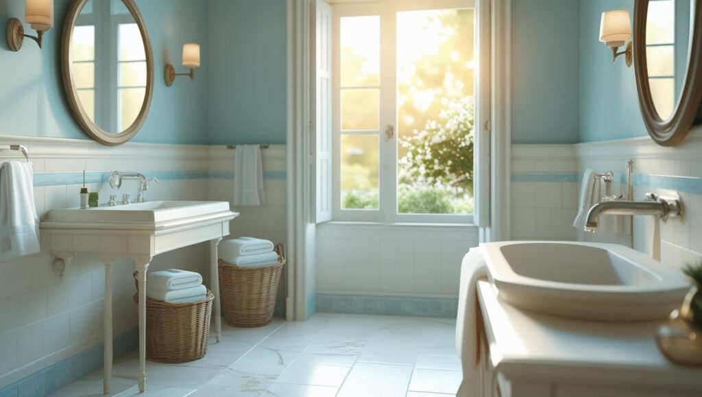 Salle de bain douce et bien pensée lavabo parfait, miroir rond, lumière du matin, tons apaisants