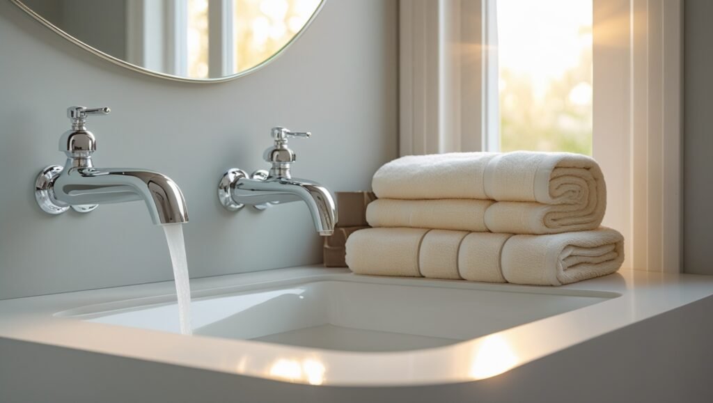 Salle d’eau moderne avec lavabo mural, lumière naturelle et robinetterie chromée mise en valeur