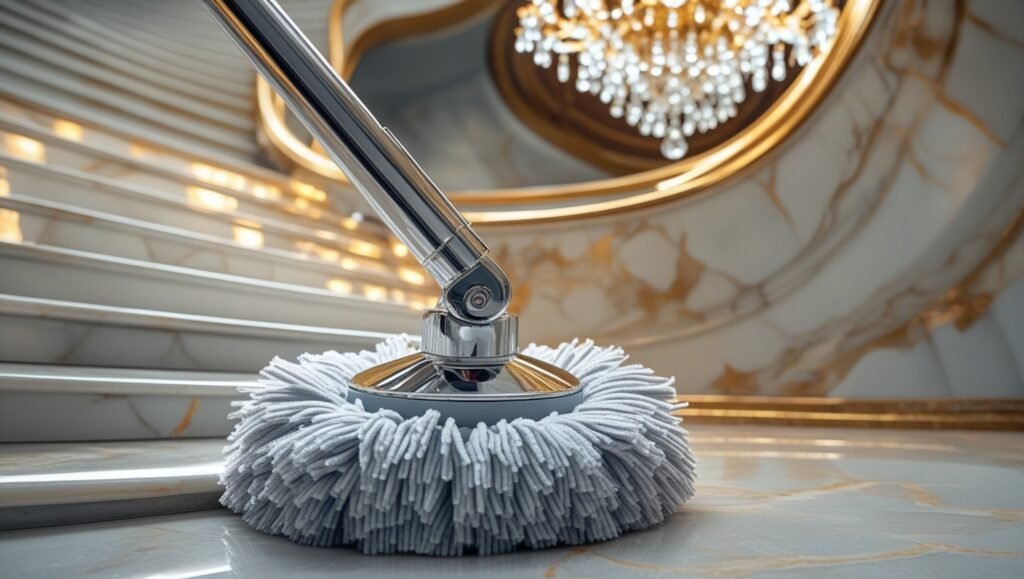 Un balai microfibre pivotant nettoyant un escalier en marbre, reflets dorés sur les marches