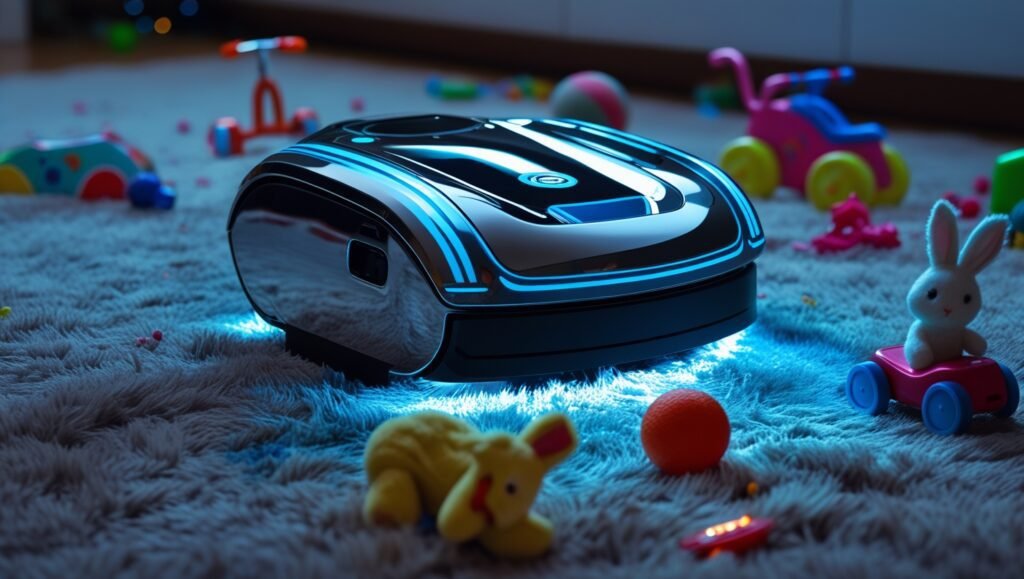 Un balai-robot évite des jouets sur un tapis, ses capteurs brillent d'une lumière bleutée futuriste