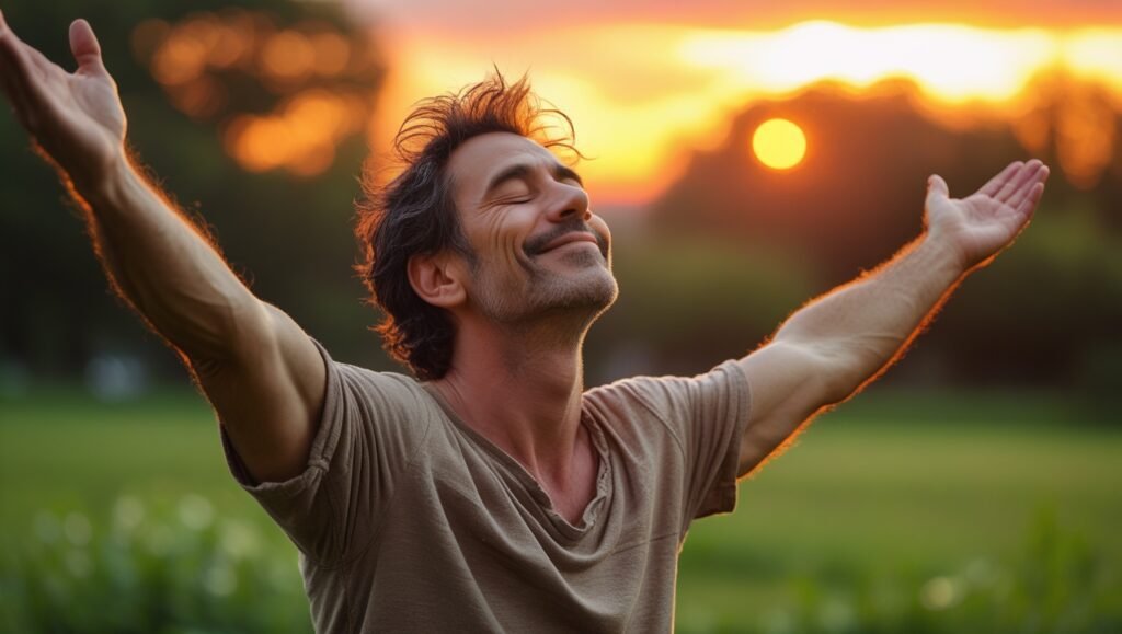 Un homme souriant s'étire sans douleur dans un parc, avec le coucher de soleil en arrière-plan. Soulagement et bien-être sont au cœur de ses préoccupations