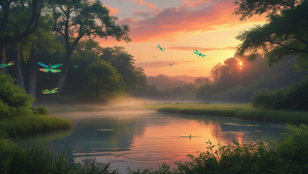 Coucher de soleil sur l'étang, nature intacte et libellules effleurant l'eau – ambiance de zone protégée symbolique