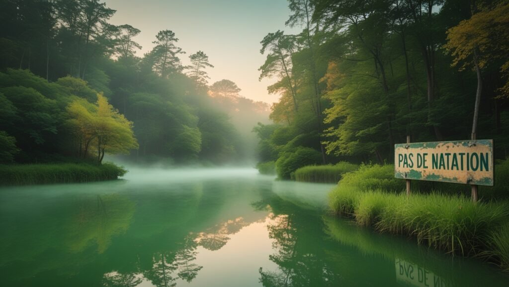 Étang vert serein entouré de forêts, avec un panneau Pas de natation estompé, à moitié caché dans le feuillage. Brume au lever du jour