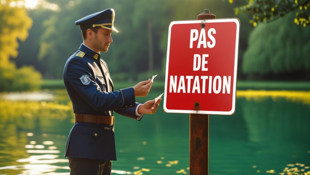 Gendarme dressant une amende à un nageur au bord de l’étang. Panneau “Pas de natation” bien en évidence