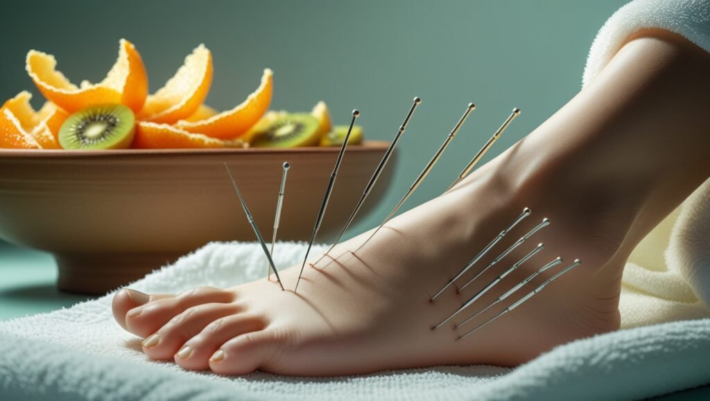 Gros plan d'aiguilles d'acupuncture sur un pied, avec un bol de fruits riches en vitamine C (oranges, kiwis) à proximité