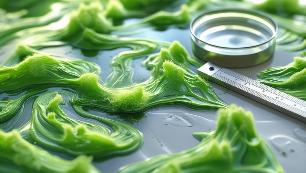Gros plan sur des proliférations d’algues toxiques ressemblant à des tourbillons de peinture verte. Esthétique scientifique avec outils de mesure visibles