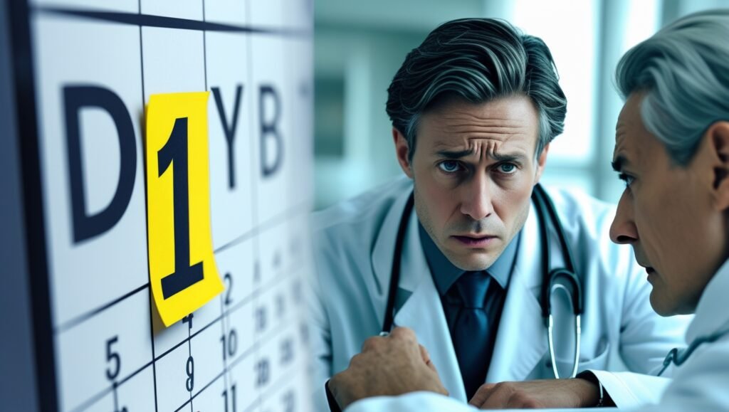 Le côté gauche de l'écran partagé montre un calendrier avec le « Jour 1 » en surbrillance, le côté droit montre une personne consultant un médecin - l'urgence étant soulignée