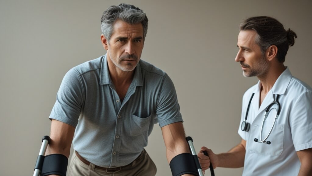 Patient utilisant des béquilles pour marcher, se concentrant sur une mise en charge partielle. Thérapeute observant à proximité.