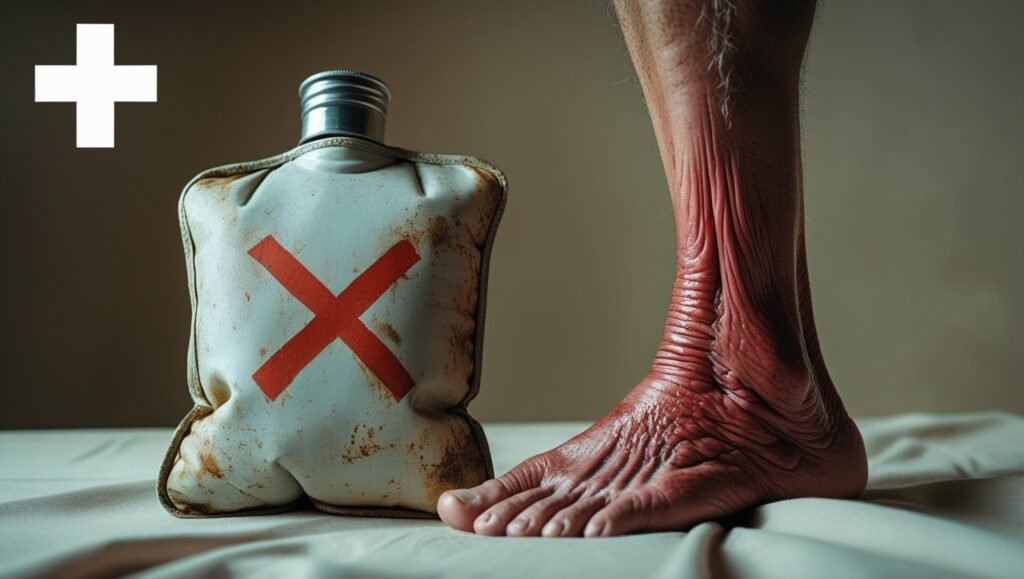 Un « X » rouge sur une bouillotte près d'un pied enflé. Croix médicale dans un coin.