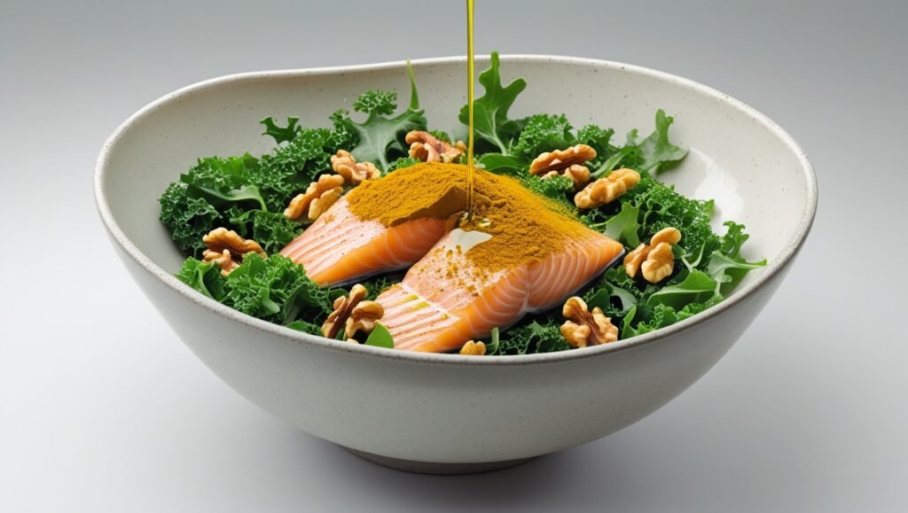 Un bol de salade vibrant avec du saumon, des noix, du curcuma et des légumes verts à feuilles, arrosé d'huile d'olive