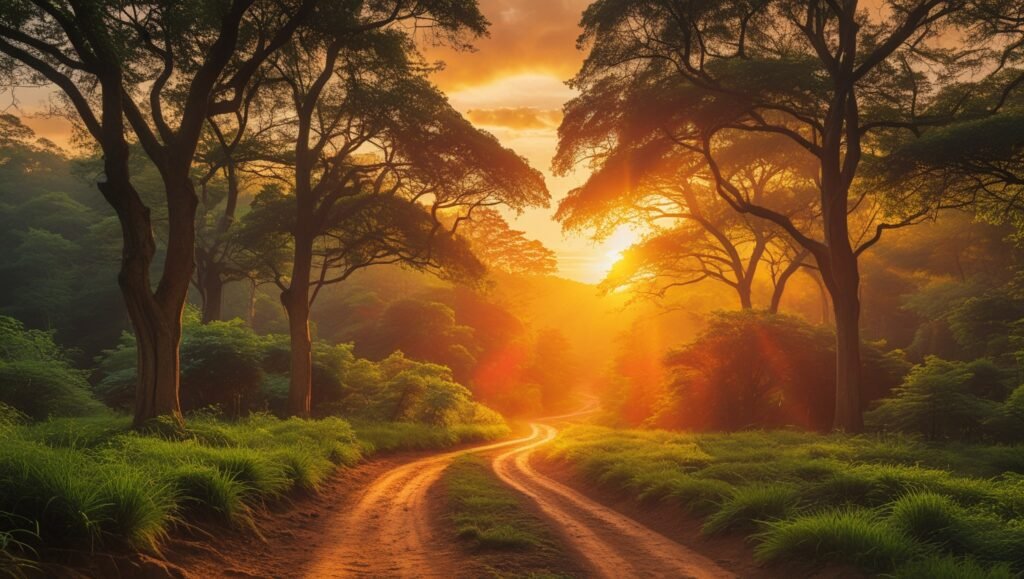 Un lever de soleil sur un chemin dans une forêt, symbolisant le renouveau et l'espoir – pas de texte, couleurs chaudes