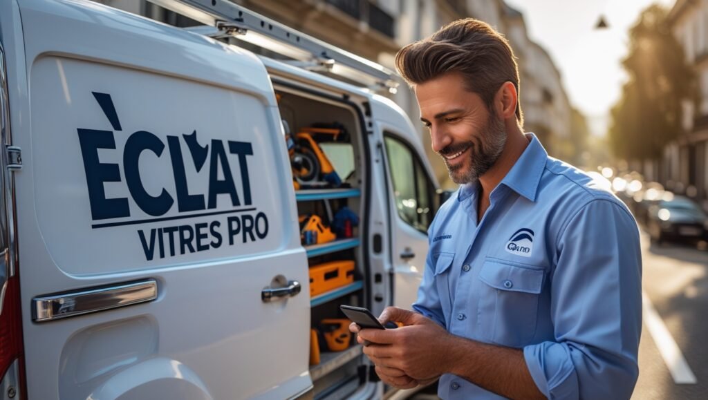 Une camionnette de marque Éclat Vitres Pro avec un travailleur traitant le paiement mobile