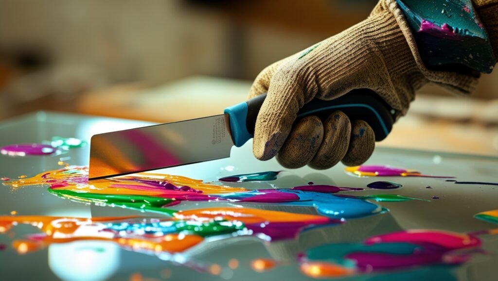 Une lame de rasoir grattant la peinture du verre à un angle de 45 degrés avec des gants de sécurité