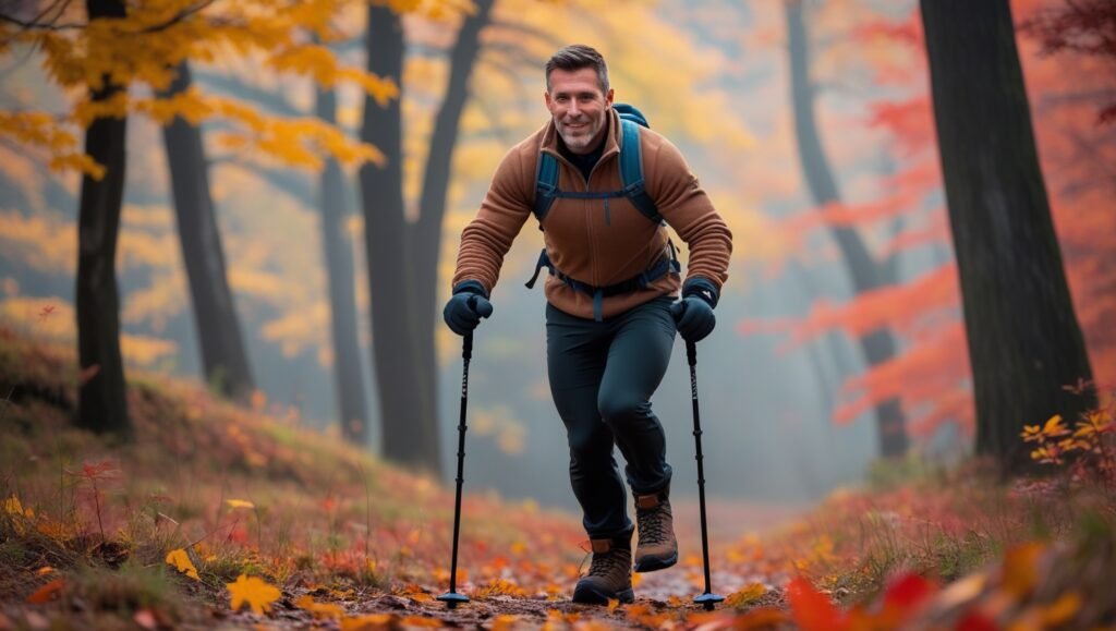 Une personne marchant avec des bâtons nordiques dans une forêt d'automne, portant des gants thermiques – se concentrer sur la posture active
