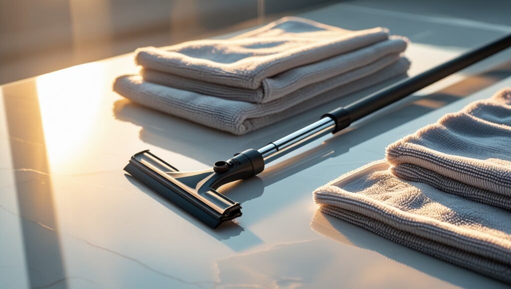 Une raclette de qualité professionnelle, un manche télescopique et des chiffons en microfibre posés sur une surface propre avec réflexion de la lumière du soleil