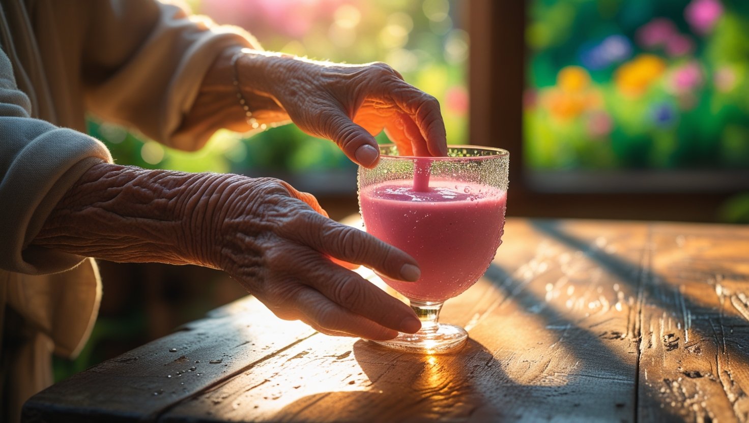 Des mains âgées versent un smoothie rose lumineux dans un verre baigné de soleil, avec un jardin visible à travers la fenêtre. Focus sur la texture et la réfraction de la lumière