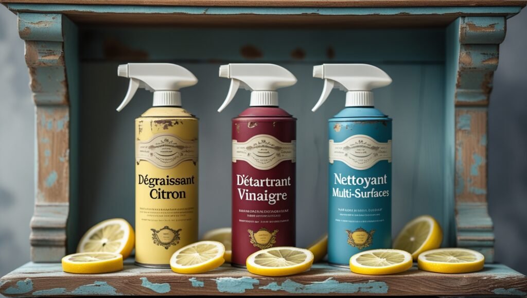 Etagère rustique avec vaporisateurs étiquetés  Dégraissant Citron, Détartrant Vinaigre, Nettoyant Multi-Surfaces. Tranches de citron éparpillées