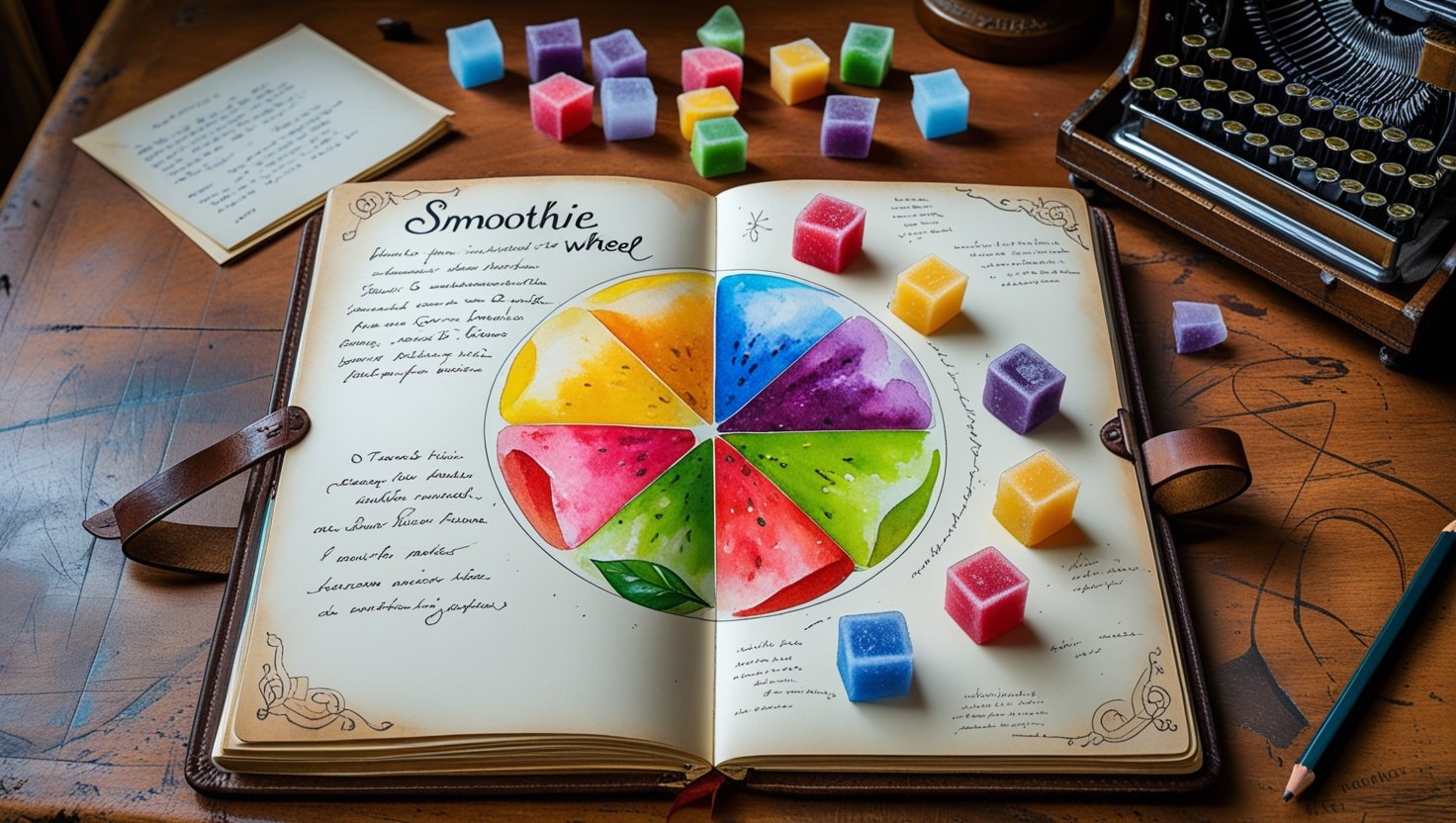 Journal relié en cuir, ouvert sur une roue des saveurs de smoothies à l'aquarelle, avec des notes manuscrites et des échantillons de cubes glacés. Décoration de bureau vintage